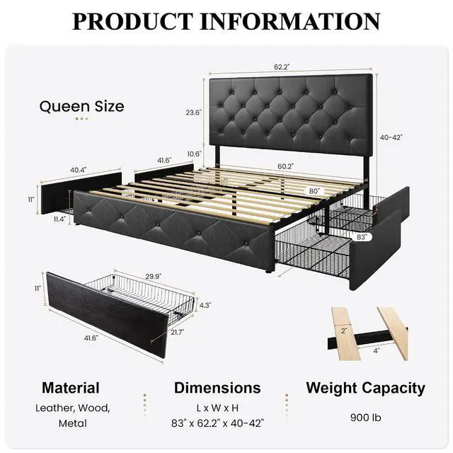 Alt view image 2 of 7 - Upholstered Queen Platform Storage Bed Frame with 4 Drawers, Adjustable Headboard with Faux Leather Diamond Button Tufted Design, Wooden Slat Support, No Box Spring Needed, Black