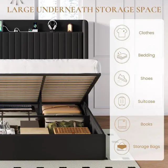 Alt view image 4 of 7 - King Size Lift Up Storage Bed Frame with Charging Station/USB,Type-C Port/Storage Headboard/Velvet Upholstered/Hydraulic Support/No Box Spring Needed/Noise Free/Black