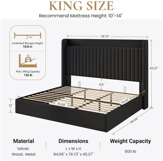 Alt view image 2 of 7 - King Size Lift Up Storage Bed Frame with Charging Station/USB,Type-C Port/Storage Headboard/Velvet Upholstered/Hydraulic Support/No Box Spring Needed/Noise Free/Black