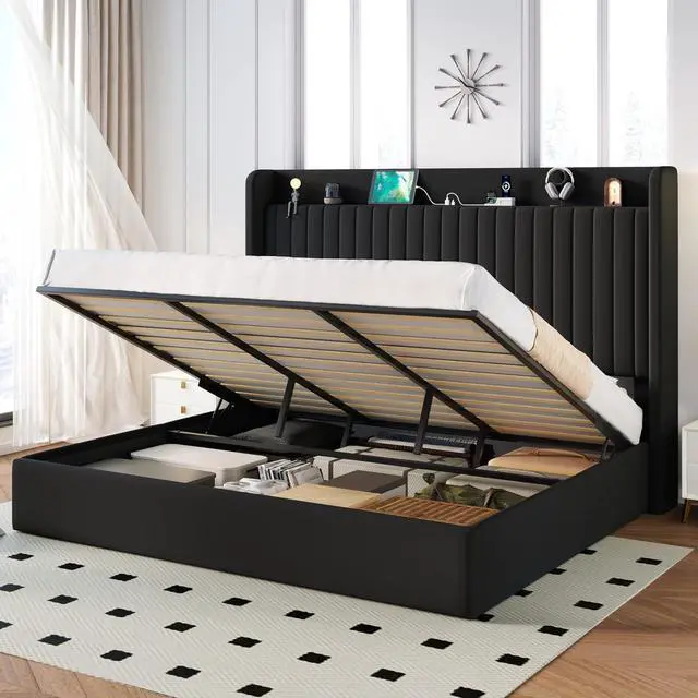 Main image of King Size Lift Up Storage Bed Frame with Charging Station/USB,Type-C Port/Storage Headboard/Velvet Upholstered/Hydraulic Support/No Box Spring Needed/Noise Free/Black