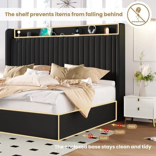 Alt view image 5 of 7 - King Size Lift Up Storage Bed Frame with Charging Station/USB,Type-C Port/Storage Headboard/Velvet Upholstered/Hydraulic Support/No Box Spring Needed/Noise Free/Black