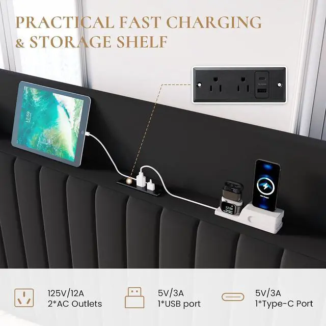 Alt view image 3 of 7 - King Size Lift Up Storage Bed Frame with Charging Station/USB,Type-C Port/Storage Headboard/Velvet Upholstered/Hydraulic Support/No Box Spring Needed/Noise Free/Black