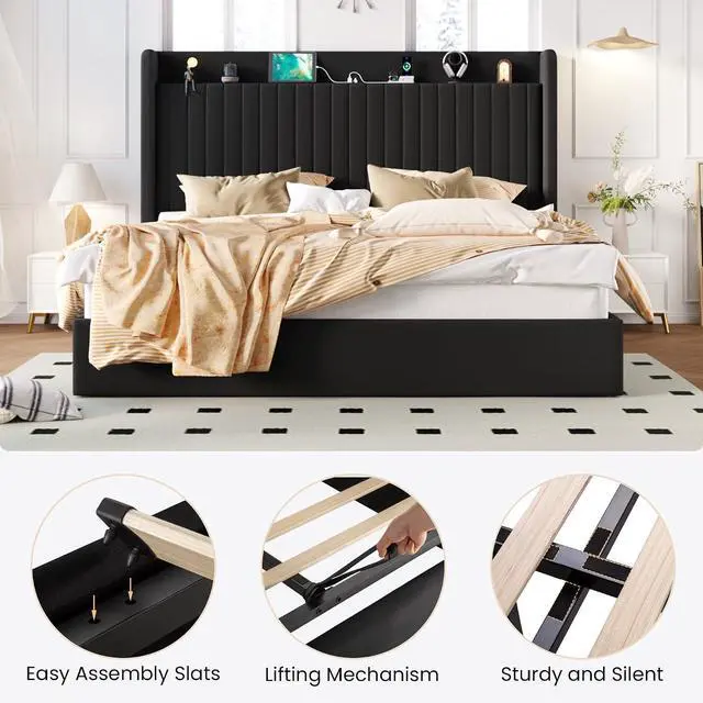 Alt view image 6 of 7 - King Size Lift Up Storage Bed Frame with Charging Station/USB,Type-C Port/Storage Headboard/Velvet Upholstered/Hydraulic Support/No Box Spring Needed/Noise Free/Black