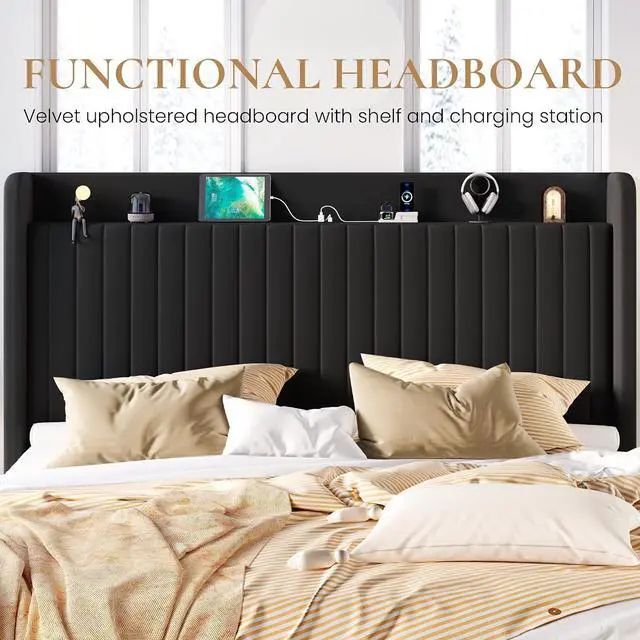 Alt view image 7 of 7 - King Size Lift Up Storage Bed Frame with Charging Station/USB,Type-C Port/Storage Headboard/Velvet Upholstered/Hydraulic Support/No Box Spring Needed/Noise Free/Black