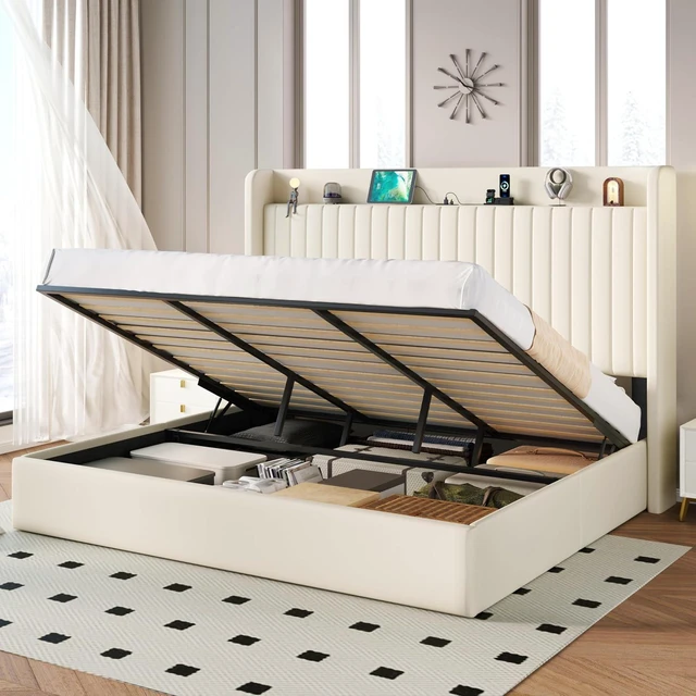 Main image of King Size Lift Up Storage Bed Frame with Charging Station/USB,Type-C Port/Storage Headboard/Velvet Upholstered/Hydraulic Support/No Box Spring Needed/Noise Free/Cream White
