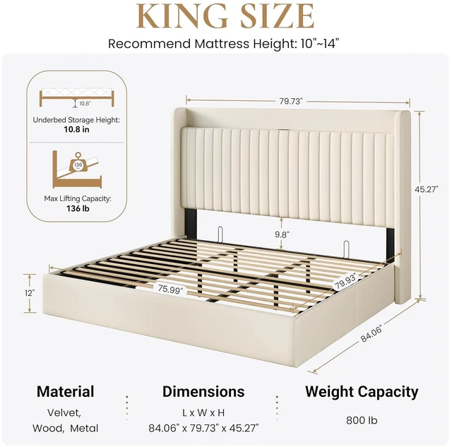 Alt view image 2 of 7 - King Size Lift Up Storage Bed Frame with Charging Station/USB,Type-C Port/Storage Headboard/Velvet Upholstered/Hydraulic Support/No Box Spring Needed/Noise Free/Cream White