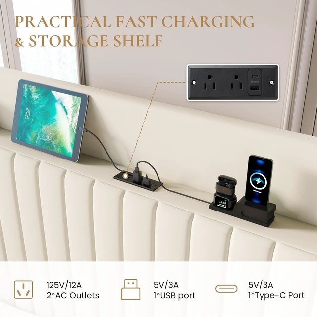 Alt view image 3 of 7 - King Size Lift Up Storage Bed Frame with Charging Station/USB,Type-C Port/Storage Headboard/Velvet Upholstered/Hydraulic Support/No Box Spring Needed/Noise Free/Cream White