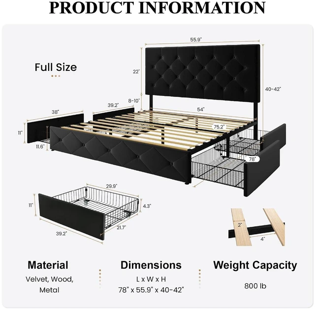 Alt view image 2 of 7 - Full Size Platform Bed Frame with 4 Oversized Storage Drawers, Adjustable Headboard with Velvet Upholstery, Diamond Button Tufted Design, Wooden Slat Support, No Box Spring Needed, Black