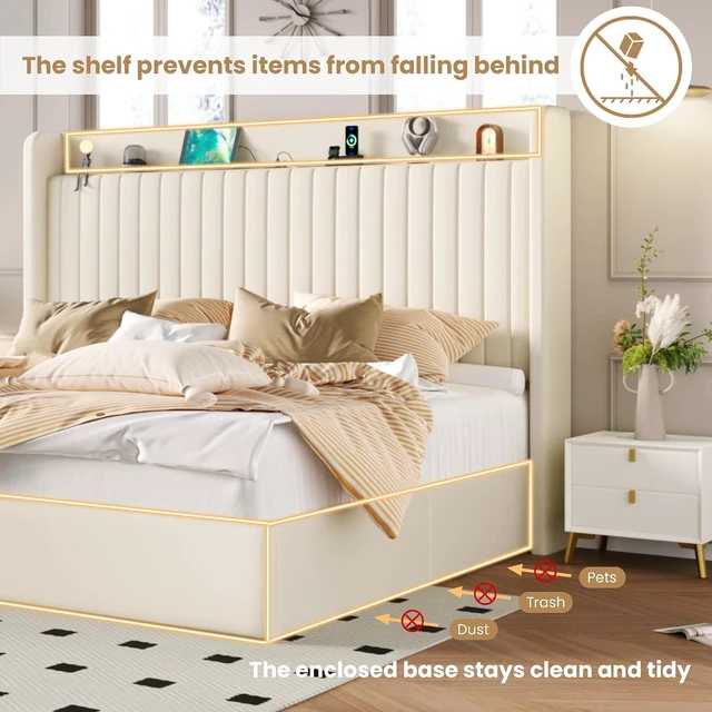 Alt view image 5 of 7 - King Size Lift Up Storage Bed Frame with Charging Station/USB,Type-C Port/Storage Headboard/Velvet Upholstered/Hydraulic Support/No Box Spring Needed/Noise Free/Cream White