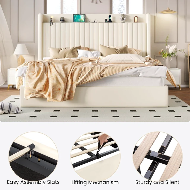 Alt view image 6 of 7 - King Size Lift Up Storage Bed Frame with Charging Station/USB,Type-C Port/Storage Headboard/Velvet Upholstered/Hydraulic Support/No Box Spring Needed/Noise Free/Cream White