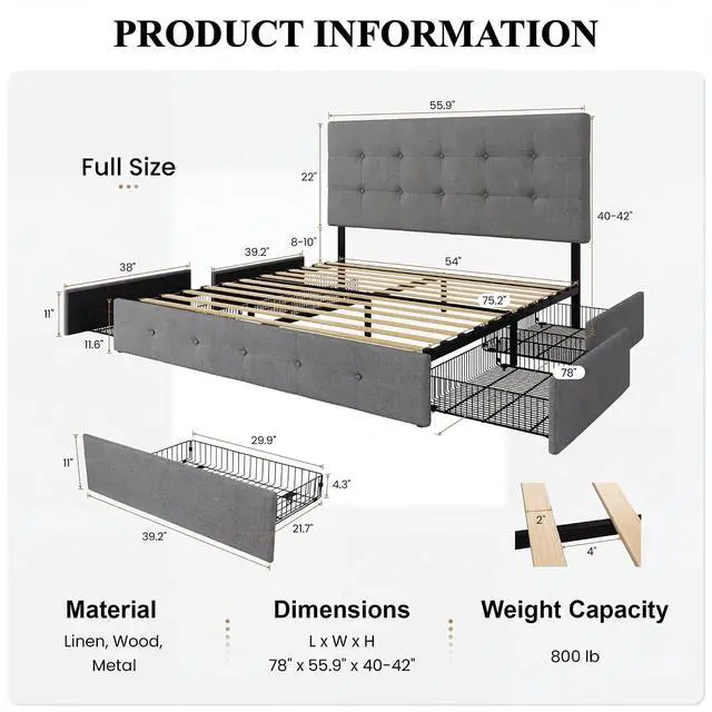 Alt view image 2 of 7 - Upholstered Full Size Platform Bed Frame with 4 Storage Drawers, Adjustable Headboard with Square Stitched Button Tufted Design, Wooden Slat Support, No Box Spring Needed, Light Grey