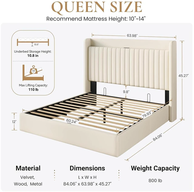Alt view image 2 of 7 - Queen Size Lift Up Storage Bed Frame with Charging Station/USB,Type-C Port/Storage Headboard/Velvet Upholstered/Hydraulic Support/No Box Spring Needed/Noise Free/Cream White