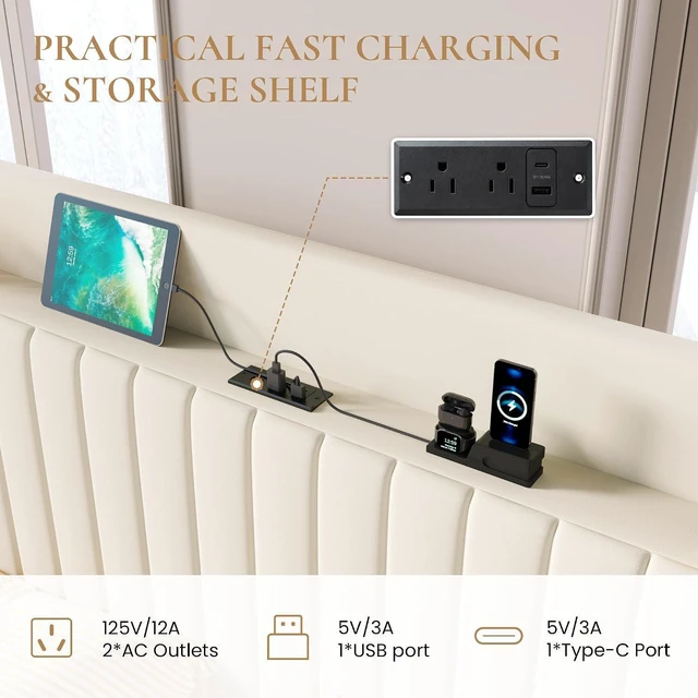 Alt view image 3 of 7 - Queen Size Lift Up Storage Bed Frame with Charging Station/USB,Type-C Port/Storage Headboard/Velvet Upholstered/Hydraulic Support/No Box Spring Needed/Noise Free/Cream White