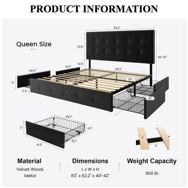 Alt view image 2 of 7 - Queen Platform Bed Frame with 4 Oversized Storage Drawers, Adjustable Headboard with Velvet Upholstery, Square Button Tufted Design, Wooden Slat Support, No Box Spring Needed, Black