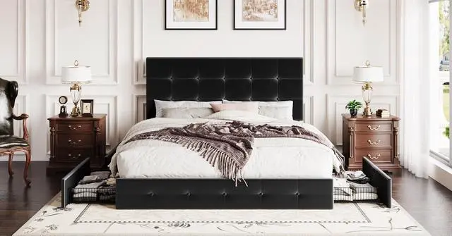 Alt view image 3 of 7 - Queen Platform Bed Frame with 4 Oversized Storage Drawers, Adjustable Headboard with Velvet Upholstery, Square Button Tufted Design, Wooden Slat Support, No Box Spring Needed, Black