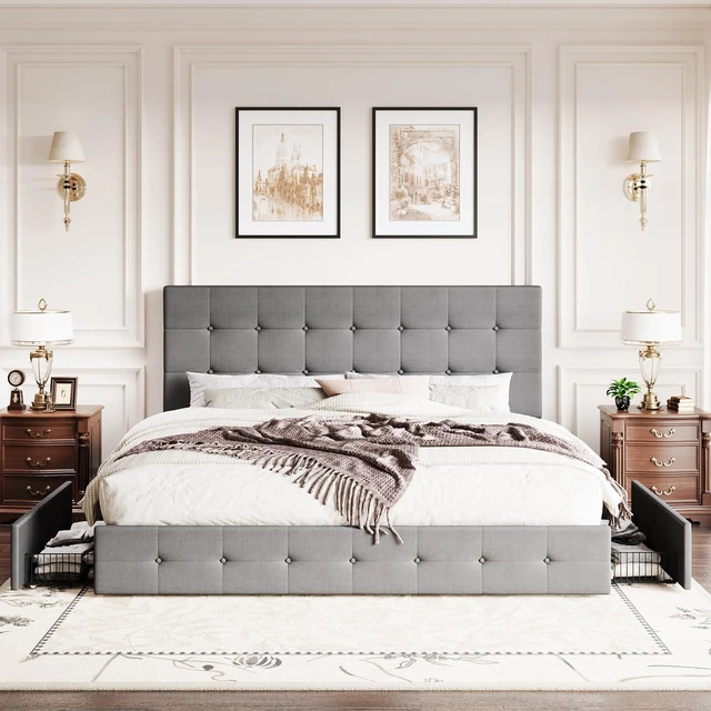 Alt view image 3 of 7 - Upholstered King Size Platform Bed Frame with 4 Storage Drawers, Adjustable Headboard with Square Stitched Button Tufted Design, Wooden Slat Support, No Box Spring Needed, Light Grey