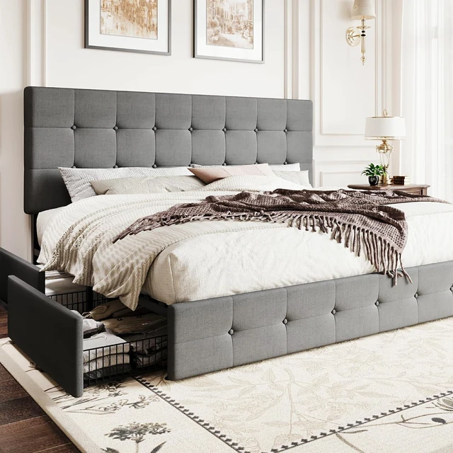Main image of Upholstered King Size Platform Bed Frame with 4 Storage Drawers, Adjustable Headboard with Square Stitched Button Tufted Design, Wooden Slat Support, No Box Spring Needed, Light Grey