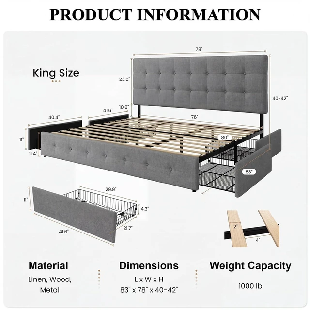 Alt view image 2 of 7 - Upholstered King Size Platform Bed Frame with 4 Storage Drawers, Adjustable Headboard with Square Stitched Button Tufted Design, Wooden Slat Support, No Box Spring Needed, Light Grey