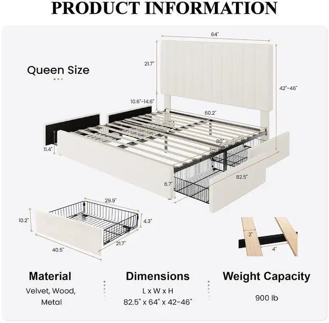 Alt view image 2 of 7 - Queen Platform Bed Frame with 4 Storage Drawers, Vertical Channel Tufted Adjustable Headboard, Velvet Upholstered, Wooden Slats Support, No Box Spring Needed, Easy Assembly, Cream