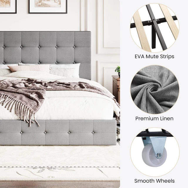 Alt view image 7 of 7 - Upholstered King Size Platform Bed Frame with 4 Storage Drawers, Adjustable Headboard with Square Stitched Button Tufted Design, Wooden Slat Support, No Box Spring Needed, Light Grey