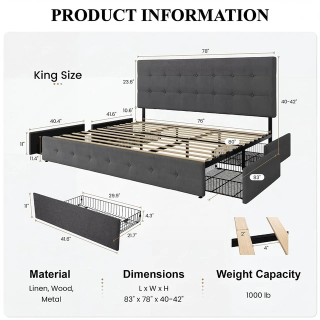 Alt view image 2 of 7 - Upholstered King Size Platform Bed Frame with 4 Storage Drawers, Adjustable Headboard with Square Stitched Button Tufted Design, Wooden Slat Support, No Box Spring Needed, Dark Grey