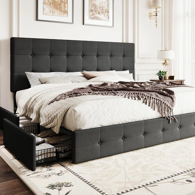 Main image of Upholstered King Size Platform Bed Frame with 4 Storage Drawers, Adjustable Headboard with Square Stitched Button Tufted Design, Wooden Slat Support, No Box Spring Needed, Dark Grey