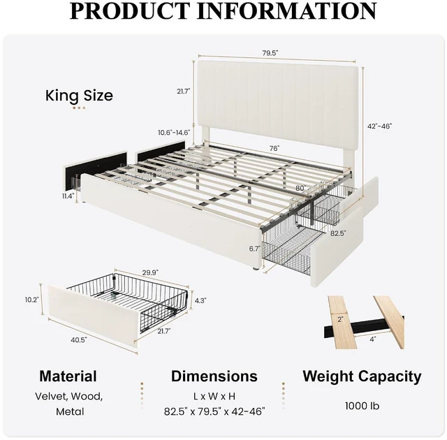 Alt view image 2 of 7 - King Size Platform Bed Frame with 4 Storage Drawers, Vertical Channel Tufted Adjustable Headboard, Velvet Upholstered, Wooden Slats Support, No Box Spring Needed, Easy Assembly, Cream