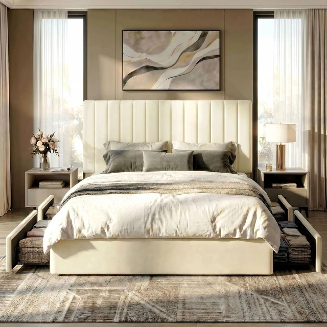 Alt view image 3 of 7 - King Size Platform Bed Frame with 4 Storage Drawers, Vertical Channel Tufted Adjustable Headboard, Velvet Upholstered, Wooden Slats Support, No Box Spring Needed, Easy Assembly, Cream