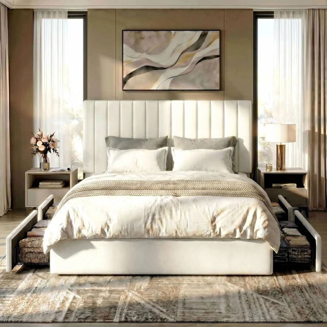 Alt view image 3 of 7 - King Size Platform Bed Frame with 4 Storage Drawers, Vertical Channel Tufted Adjustable Headboard, Velvet Upholstered, Wooden Slats Support, No Box Spring Needed, Easy Assembly, White