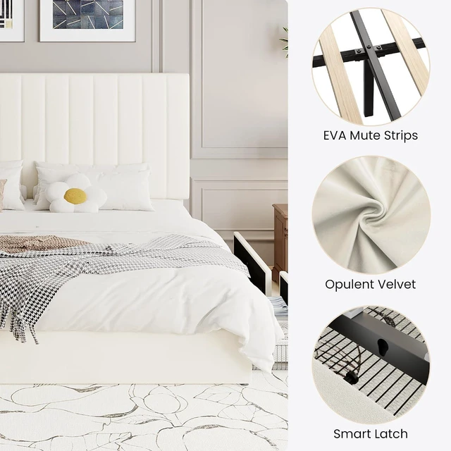 Alt view image 7 of 7 - King Size Platform Bed Frame with 4 Storage Drawers, Vertical Channel Tufted Adjustable Headboard, Velvet Upholstered, Wooden Slats Support, No Box Spring Needed, Easy Assembly, Cream