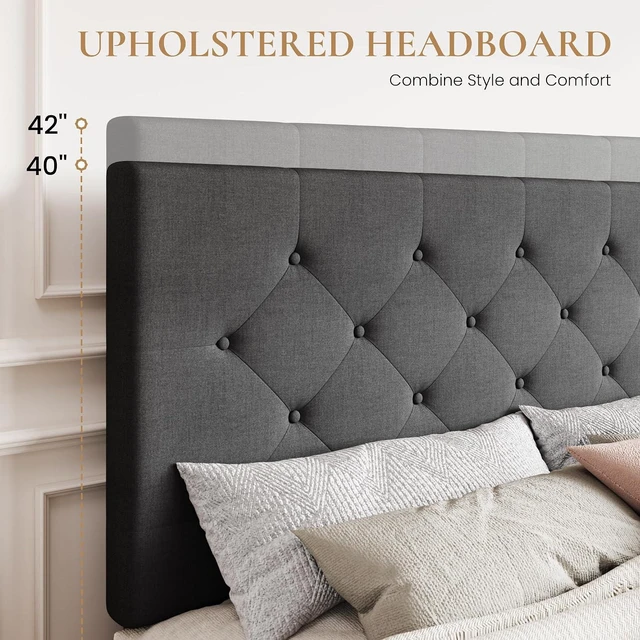 Alt view image 4 of 7 - Upholstered King Size Platform Bed Frame with 4 Storage Drawers, Adjustable Headboard with Diamond Stitched Button Tufted Design, Wooden Slat Support, No Box Spring Needed, Dark Grey