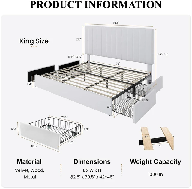 Alt view image 2 of 7 - King Size Platform Bed Frame with 4 Storage Drawers, Vertical Channel Tufted Adjustable Headboard, Velvet Upholstered, Wooden Slats Support, No Box Spring Needed, Easy Assembly, White