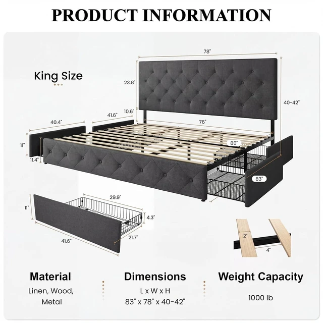 Alt view image 2 of 7 - Upholstered King Size Platform Bed Frame with 4 Storage Drawers, Adjustable Headboard with Diamond Stitched Button Tufted Design, Wooden Slat Support, No Box Spring Needed, Dark Grey