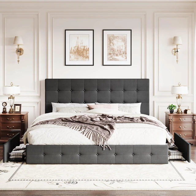 Alt view image 3 of 7 - Upholstered King Size Platform Bed Frame with 4 Storage Drawers, Adjustable Headboard with Square Stitched Button Tufted Design, Wooden Slat Support, No Box Spring Needed, Dark Grey