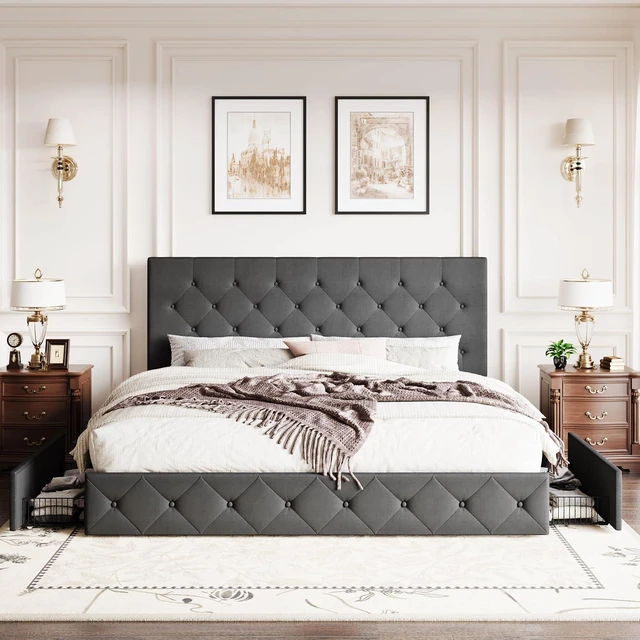 Alt view image 3 of 7 - Upholstered King Size Platform Bed Frame with 4 Storage Drawers, Adjustable Headboard with Diamond Stitched Button Tufted Design, Wooden Slat Support, No Box Spring Needed, Dark Grey