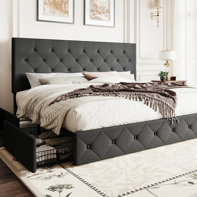 Main image of Upholstered King Size Platform Bed Frame with 4 Storage Drawers, Adjustable Headboard with Diamond Stitched Button Tufted Design, Wooden Slat Support, No Box Spring Needed, Dark Grey