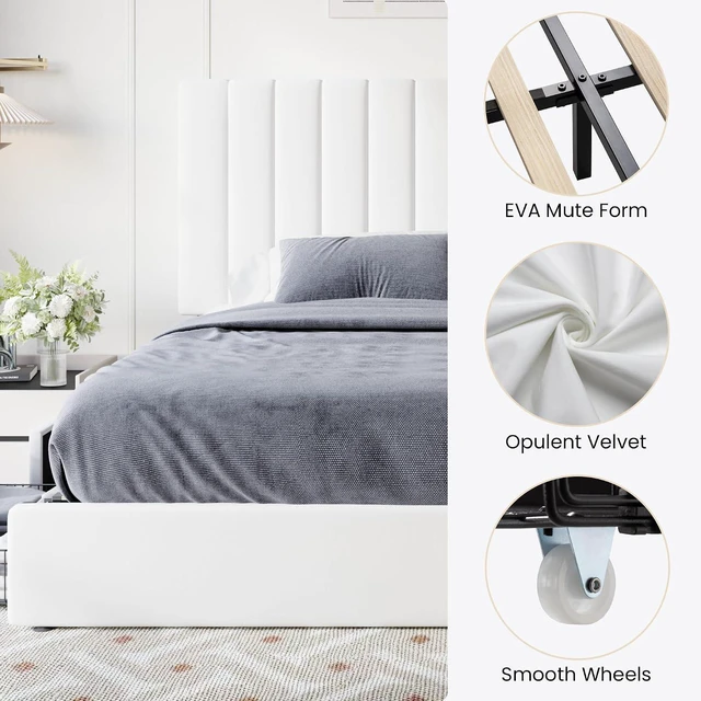 Alt view image 7 of 7 - King Size Platform Bed Frame with 4 Storage Drawers, Vertical Channel Tufted Adjustable Headboard, Velvet Upholstered, Wooden Slats Support, No Box Spring Needed, Easy Assembly, White