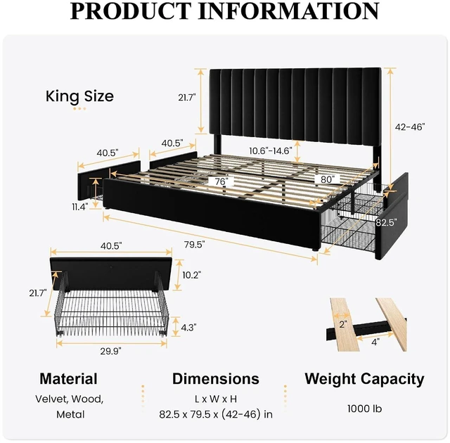 Alt view image 2 of 7 - King Size Platform Bed Frame with 4 Storage Drawers, Vertical Channel Tufted Adjustable Headboard, Velvet Upholstered, Wooden Slats Support, No Box Spring Needed, Easy Assembly, Black