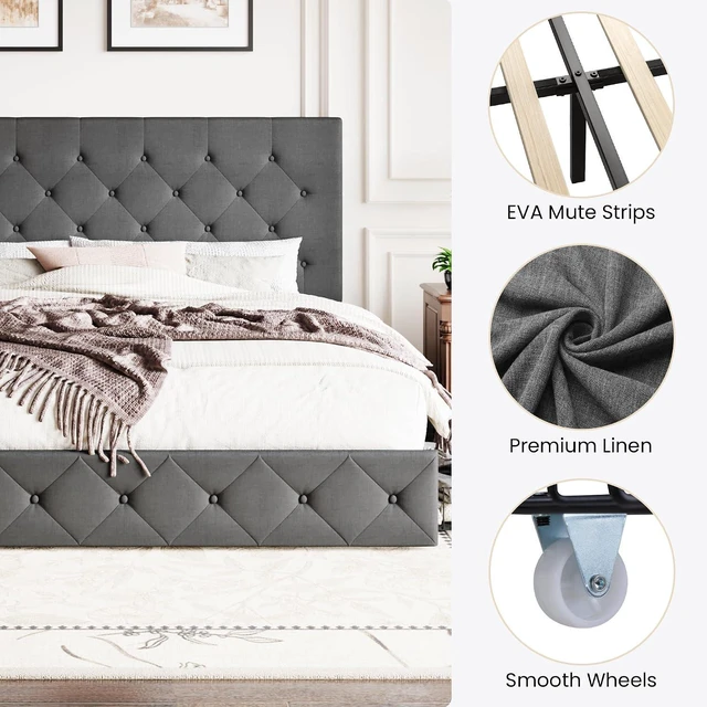 Alt view image 7 of 7 - Upholstered King Size Platform Bed Frame with 4 Storage Drawers, Adjustable Headboard with Diamond Stitched Button Tufted Design, Wooden Slat Support, No Box Spring Needed, Dark Grey