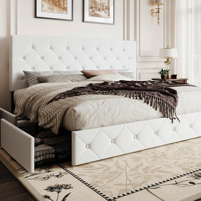 Main image of King Size Platform Bed Frame with 4 Oversized Storage Drawers, Adjustable Headboard with Velvet Upholstery, Diamond Button Tufted Design, Wooden Slat Support, No Box Spring Needed, White