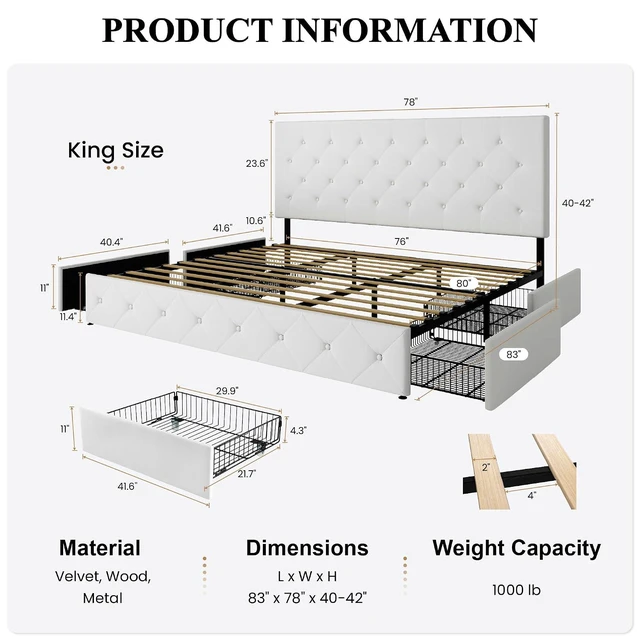 Alt view image 2 of 7 - King Size Platform Bed Frame with 4 Oversized Storage Drawers, Adjustable Headboard with Velvet Upholstery, Diamond Button Tufted Design, Wooden Slat Support, No Box Spring Needed, White