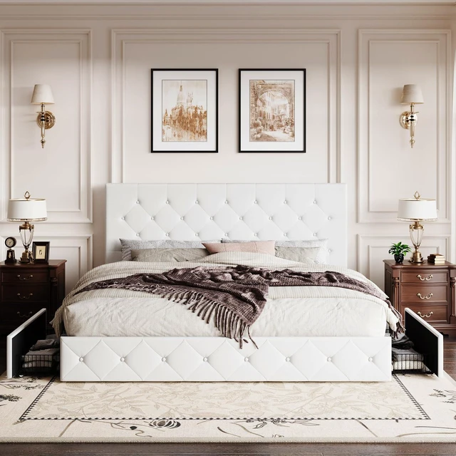 Alt view image 3 of 7 - King Size Platform Bed Frame with 4 Oversized Storage Drawers, Adjustable Headboard with Velvet Upholstery, Diamond Button Tufted Design, Wooden Slat Support, No Box Spring Needed, White