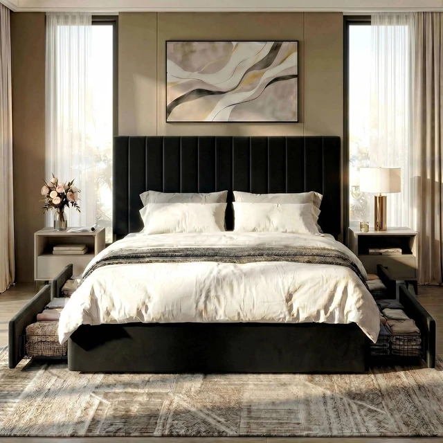 Alt view image 3 of 7 - King Size Platform Bed Frame with 4 Storage Drawers, Vertical Channel Tufted Adjustable Headboard, Velvet Upholstered, Wooden Slats Support, No Box Spring Needed, Easy Assembly, Black