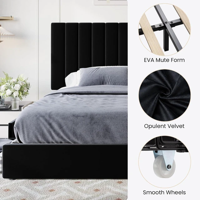 Alt view image 7 of 7 - King Size Platform Bed Frame with 4 Storage Drawers, Vertical Channel Tufted Adjustable Headboard, Velvet Upholstered, Wooden Slats Support, No Box Spring Needed, Easy Assembly, Black