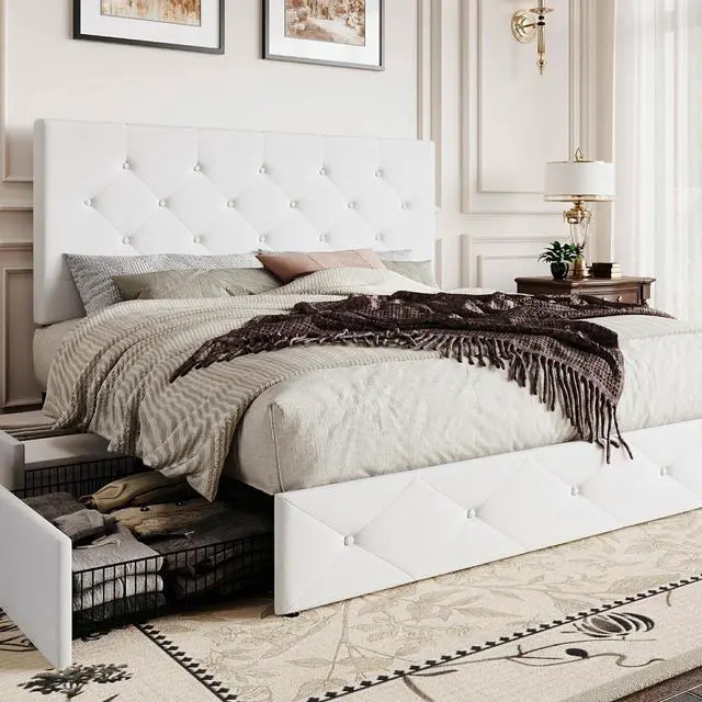 Main image of Queen Platform Bed Frame with 4 Oversized Storage Drawers, Adjustable Headboard with Velvet Upholstery, Diamond Button Tufted Design, Wooden Slat Support, No Box Spring Needed, White