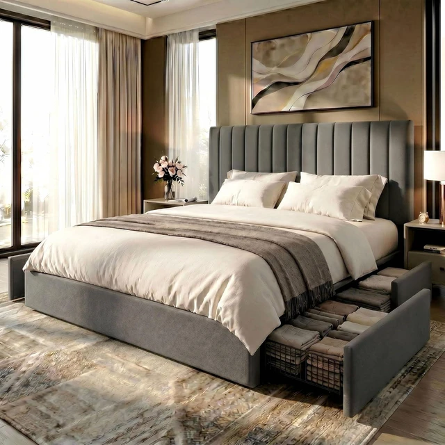 Main image of King Size Platform Bed Frame with 4 Storage Drawers, Vertical Channel Tufted Adjustable Headboard, Velvet Upholstered, Wooden Slats Support, No Box Spring Needed, Easy Assembly, Grey