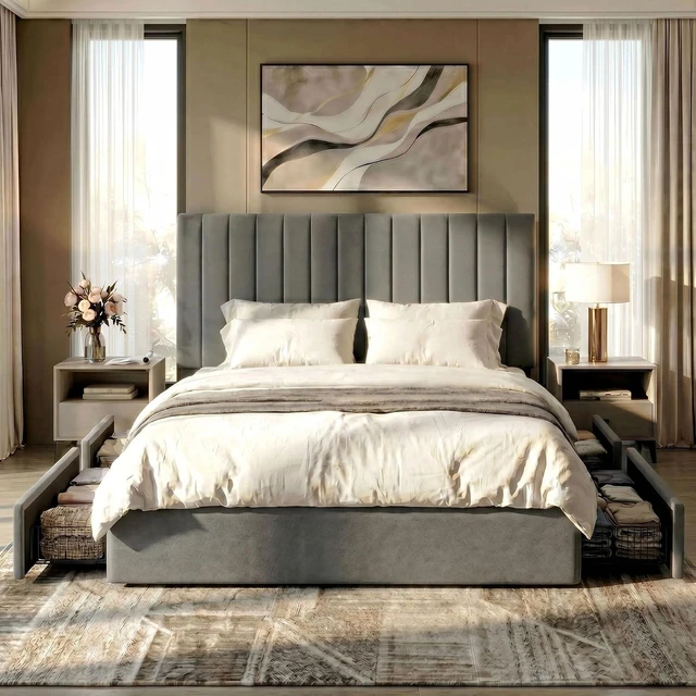 Alt view image 3 of 7 - King Size Platform Bed Frame with 4 Storage Drawers, Vertical Channel Tufted Adjustable Headboard, Velvet Upholstered, Wooden Slats Support, No Box Spring Needed, Easy Assembly, Grey