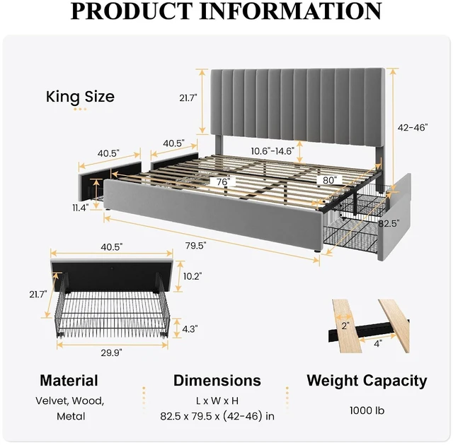 Alt view image 2 of 7 - King Size Platform Bed Frame with 4 Storage Drawers, Vertical Channel Tufted Adjustable Headboard, Velvet Upholstered, Wooden Slats Support, No Box Spring Needed, Easy Assembly, Grey