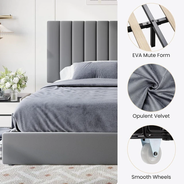 Alt view image 7 of 7 - King Size Platform Bed Frame with 4 Storage Drawers, Vertical Channel Tufted Adjustable Headboard, Velvet Upholstered, Wooden Slats Support, No Box Spring Needed, Easy Assembly, Grey