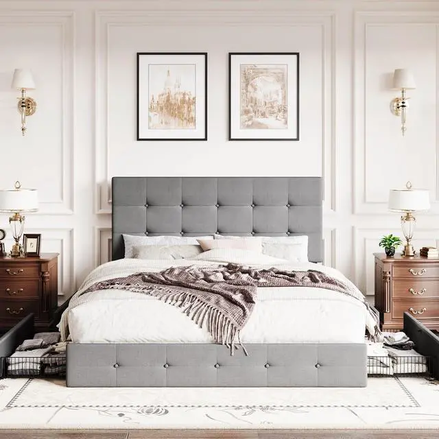 Alt view image 3 of 7 - Upholstered Full Size Platform Bed Frame with 4 Storage Drawers, Adjustable Headboard with Square Stitched Button Tufted Design, Wooden Slat Support, No Box Spring Needed, Light Grey